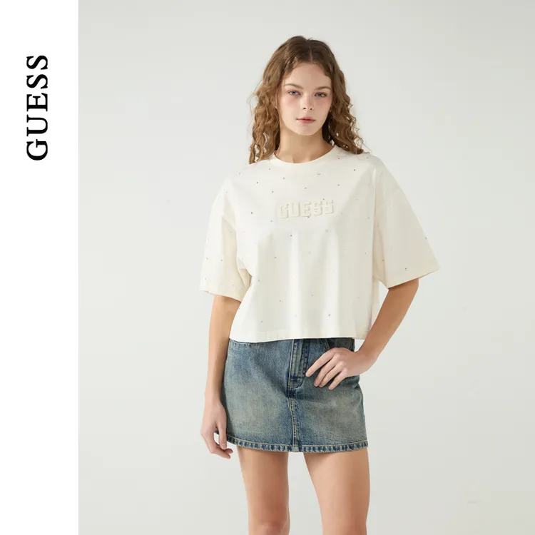 GUESS25年新款春季女士青春宽松logo烫钻装饰短袖T恤-W5PP85K2Q40