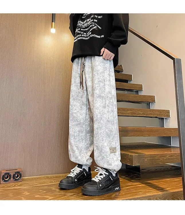 美式高街脏脏束脚裤子男秋冬季保暖加绒加厚休闲裤宽松大码运动裤