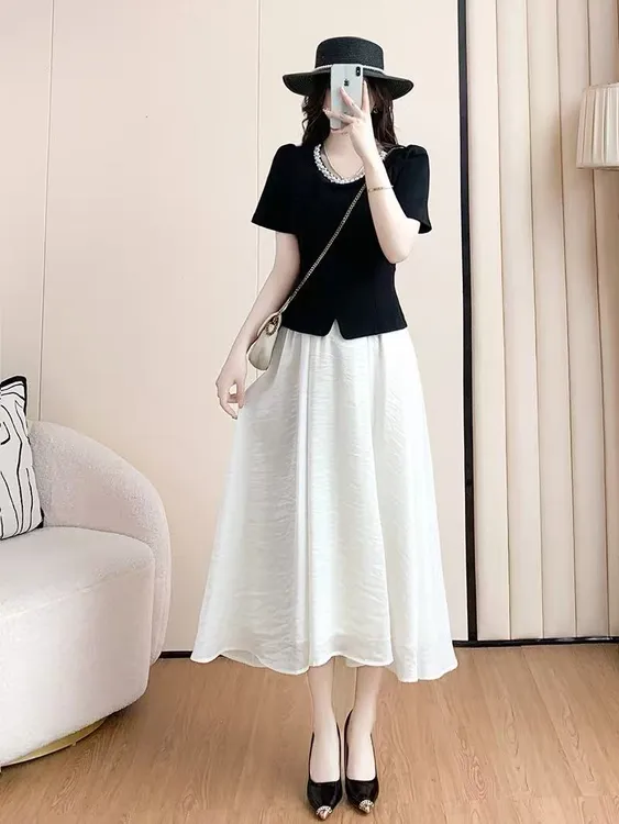 2025夏季时尚法式赫本风假两件连衣裙钉珠新款小众显瘦气质长裙