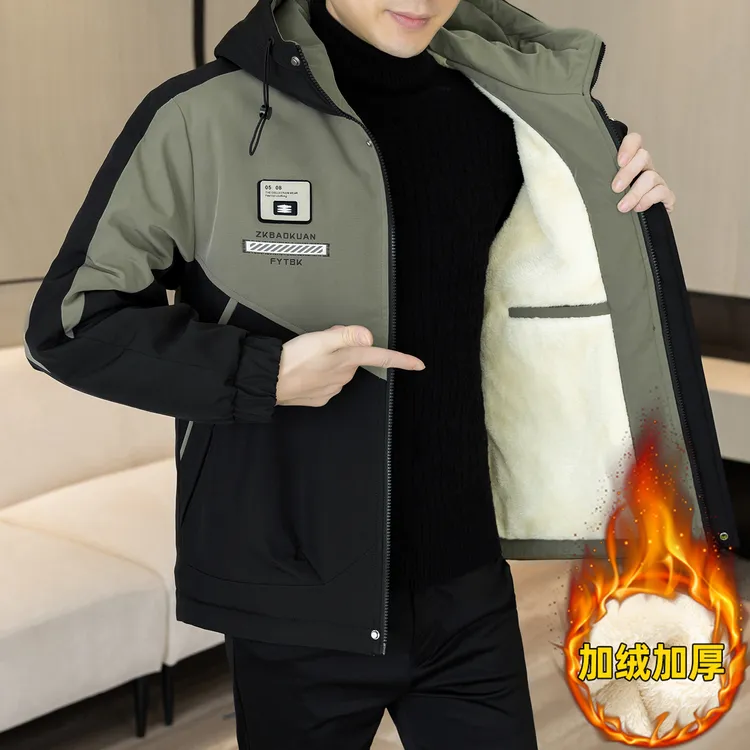 男士外套冬季加绒加厚2025新款青年休闲连帽棉衣男防寒保暖棉服