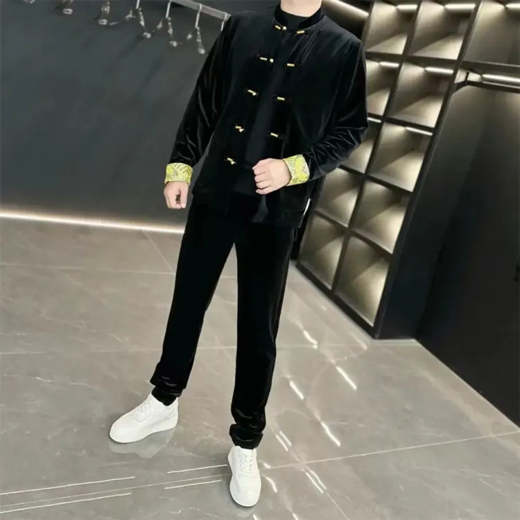春秋套装秋冬常规款长袖厚款唐装时尚黑色提花上衣中式中国风立领