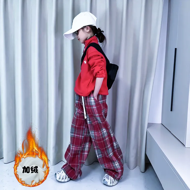 女童秋冬款休闲长裤2024新款洋气外穿一体绒格子大儿童加绒阔腿裤