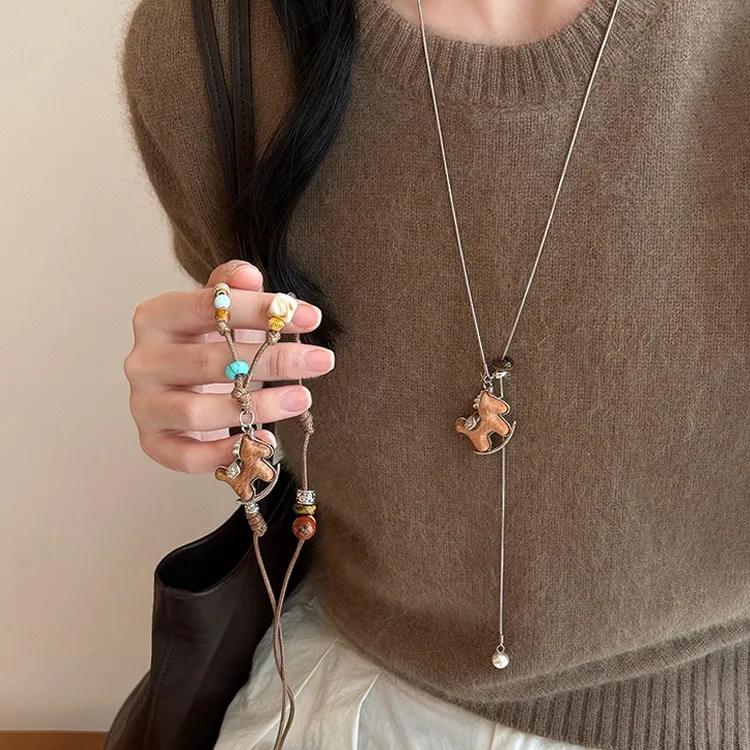 铜合金项链 复古小马串珠项链女秋冬独特设计长款毛衣链时尚配饰