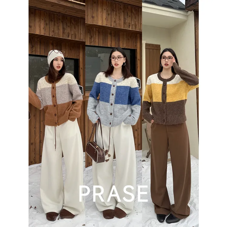 PRASE·噜【布拉格秋】绵羊毛复古时尚宽松圆领拼色毛织开衫PR512B03
