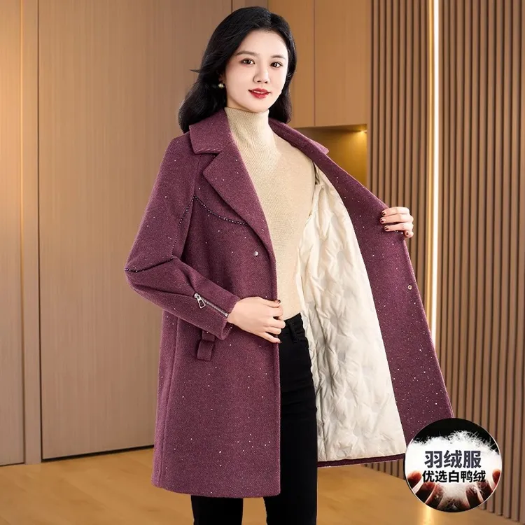 贵妇人轻奢毛呢内胆羽绒服女冬季2025新款今年流行爆款中长款大衣