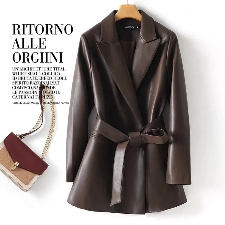 海宁真皮2025春秋新款宽松皮衣女显瘦遮臀西装夹克通勤外套中长款