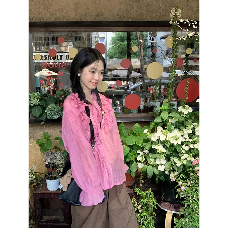 2025新款女士春夏季法式褶皱木耳边长袖衬衫上衣高腰宽松阔腿裤