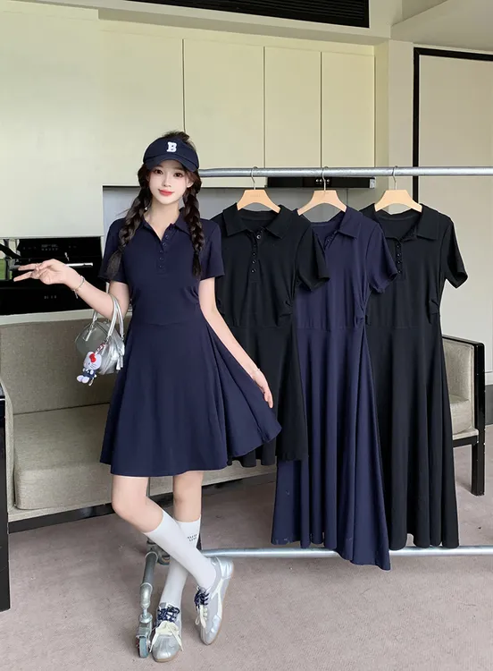 新款胖mm大码女气质显瘦polo领短袖连衣裙22408短款+22559长款