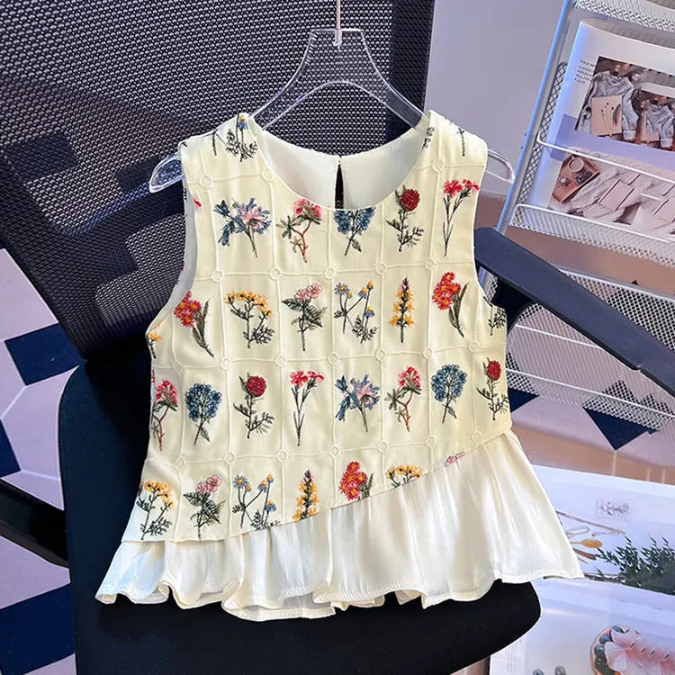 设计感不规则撞色复古刺绣小衫女夏宽松显瘦独特漂亮无袖背心上衣