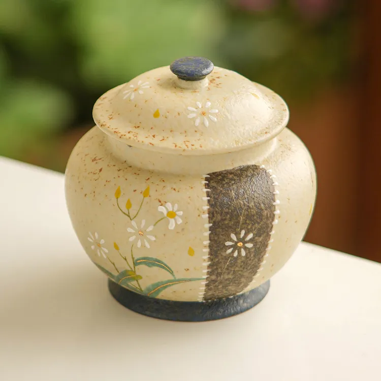 青花火石茶叶罐描金小雏菊陶瓷功夫茶具罐子防潮密封罐储物罐单罐