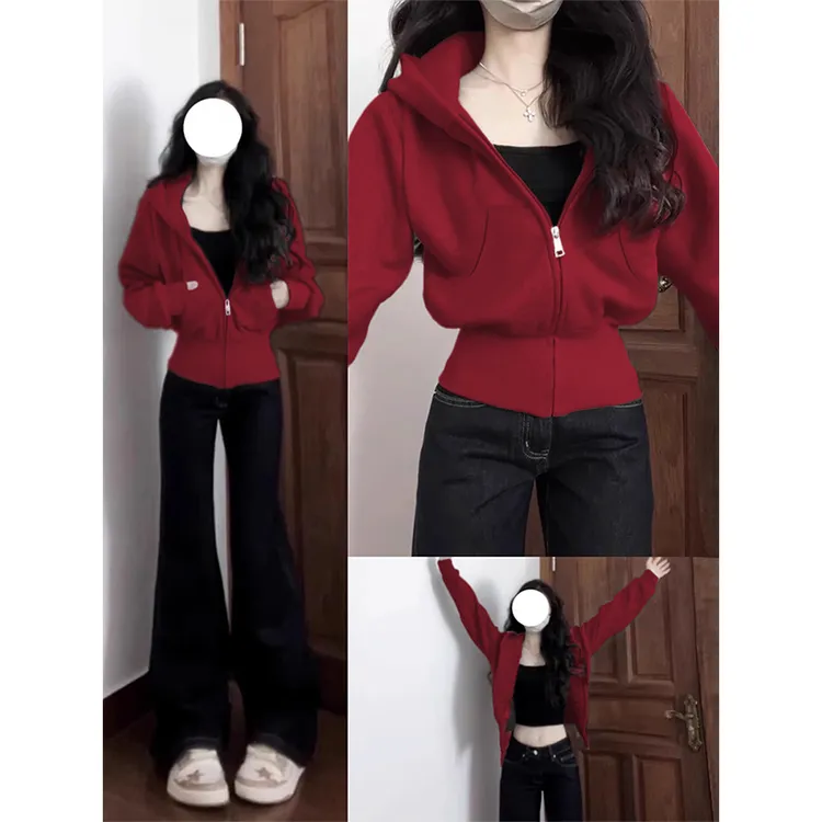 酒红色短款正肩卫衣女秋季2025新款韩系收腰显瘦拉链开衫上衣外套
