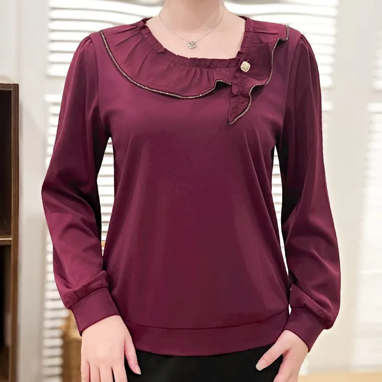 百花果2026春季新款大码女装上衣简约宽松百搭气质侧边领设计打底