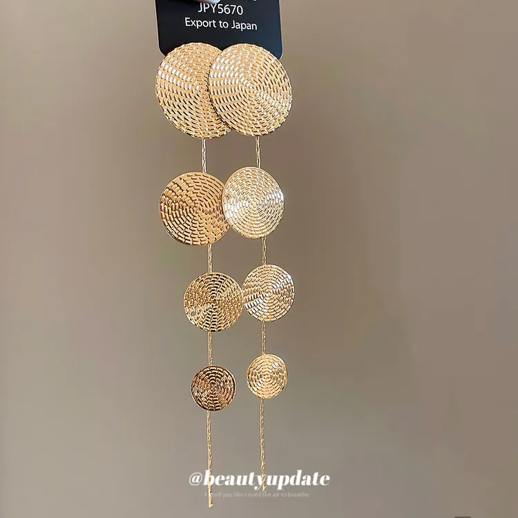 银针金属圆形纹路长款流苏耳环欧美简约百搭耳钉耳饰设计感小众女