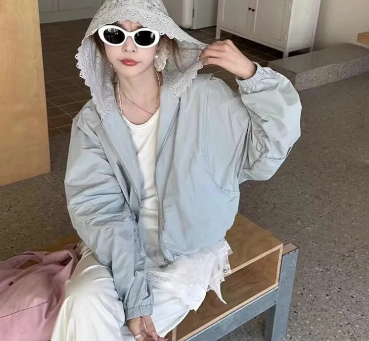 蕾丝拼接连帽外套女欧洲站2025年春季新款韩版洋气百搭夹克