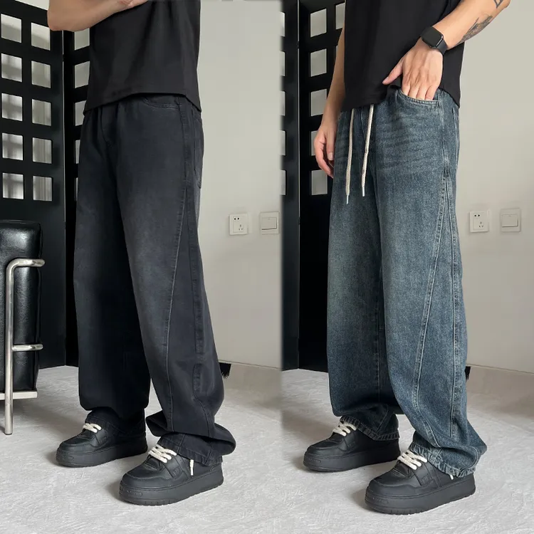 男秋季款宽松复古休闲直筒裤美式立体剪裁牛仔弯刀裤痞帅阔腿长裤
