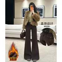 乔栈加绒咖色不贴腿微喇牛仔裤女秋冬高腰显瘦设计感小个子阔腿裤