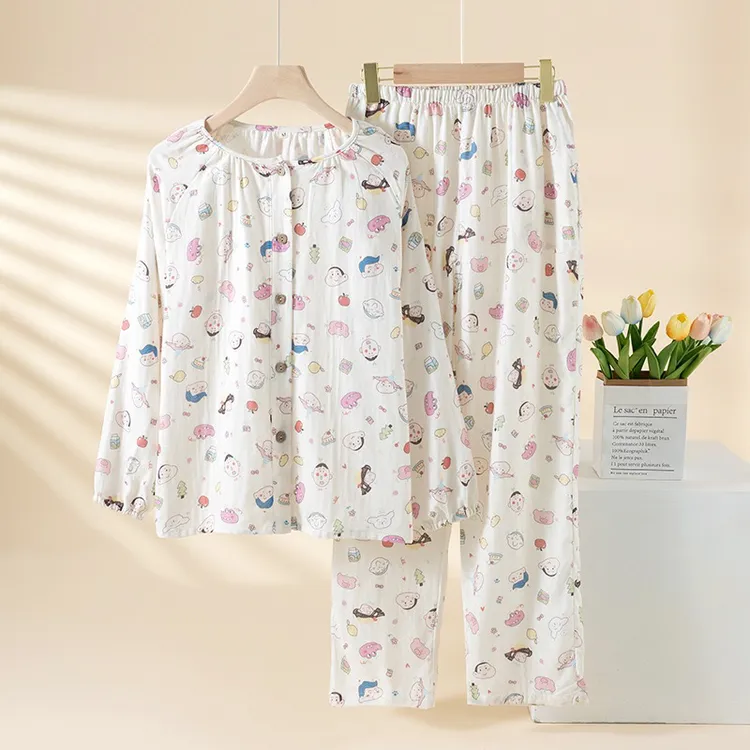 圆领（长袖长裤）双层纱 100% 棉纱家居服套装