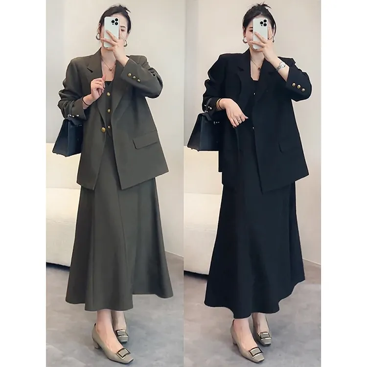 大码女装胖mm高级感拼接假两件西装外套+半裙女秋冬气质显瘦套装