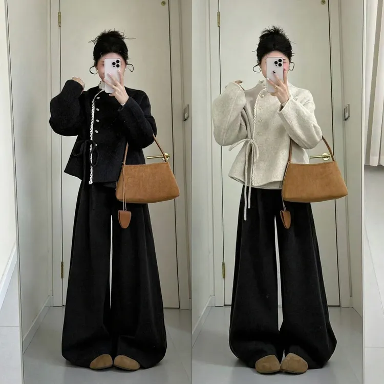 2025秋冬新款韩系穿搭小香风蕾丝拼接毛呢外套休闲阔腿裤气质套装
