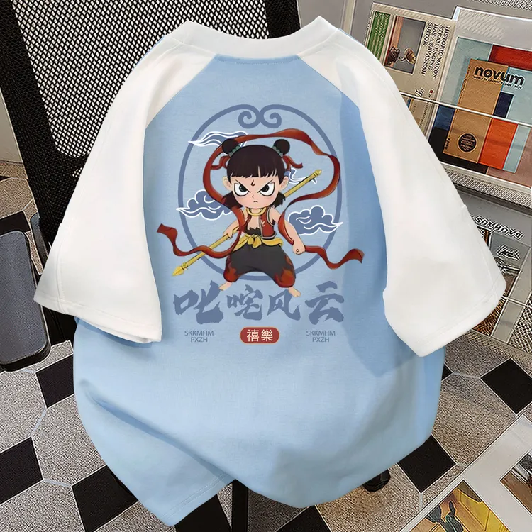 100%纯棉哪吒印花短袖t恤男女夏季爆款宽松休闲街头嘻哈情侣上衣