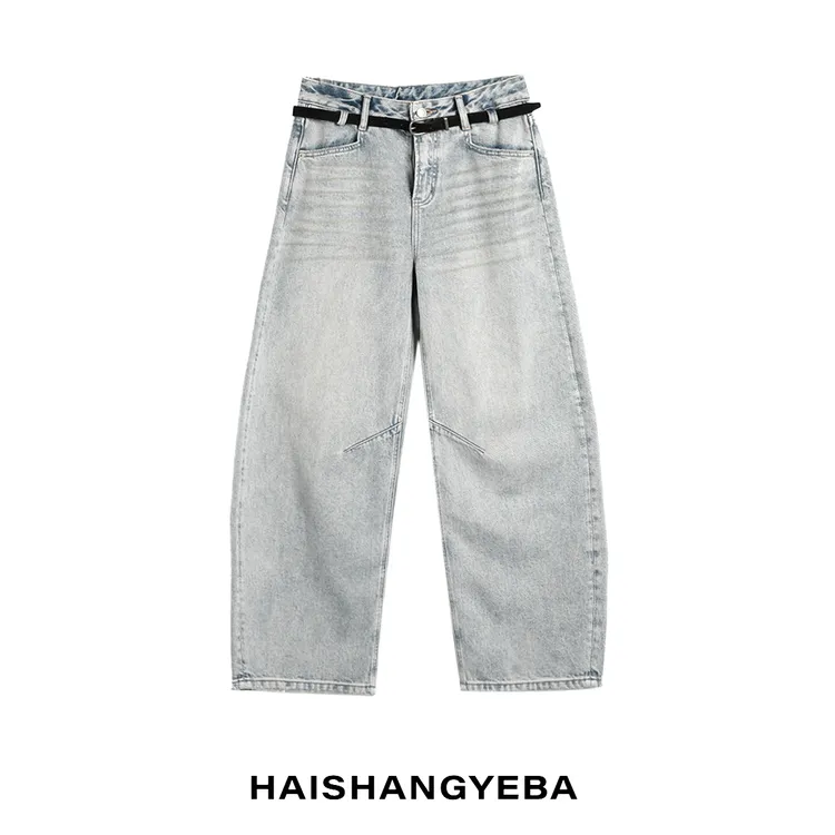 【海上叶爸】新款2025秋冬百搭棉中高腰水洗阔腿弯刀牛仔裤