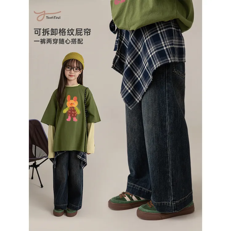 幼悠女童秋装复古格纹可拆屁帘牛仔裤女孩裤子儿童休闲裤潮CD2258