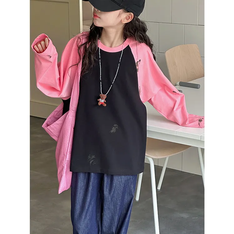 K28553脏染设计插肩袖女童T恤儿童长袖上衣2025春装新款女大童T恤