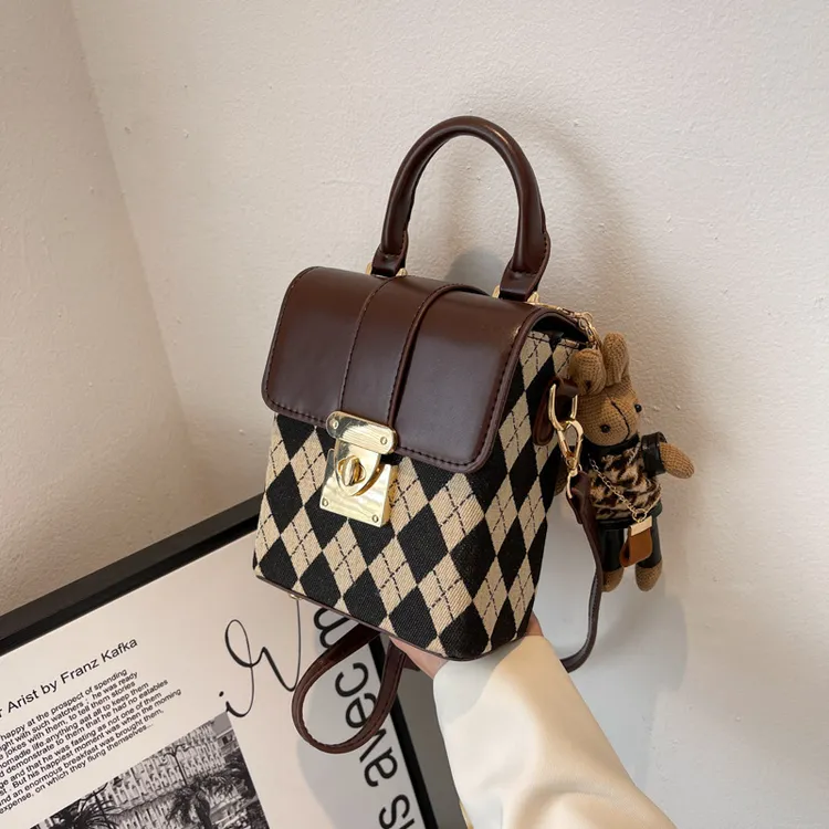 跨境法式小众格子单肩包包2025春季女包流行斜挎包网红手提小方包