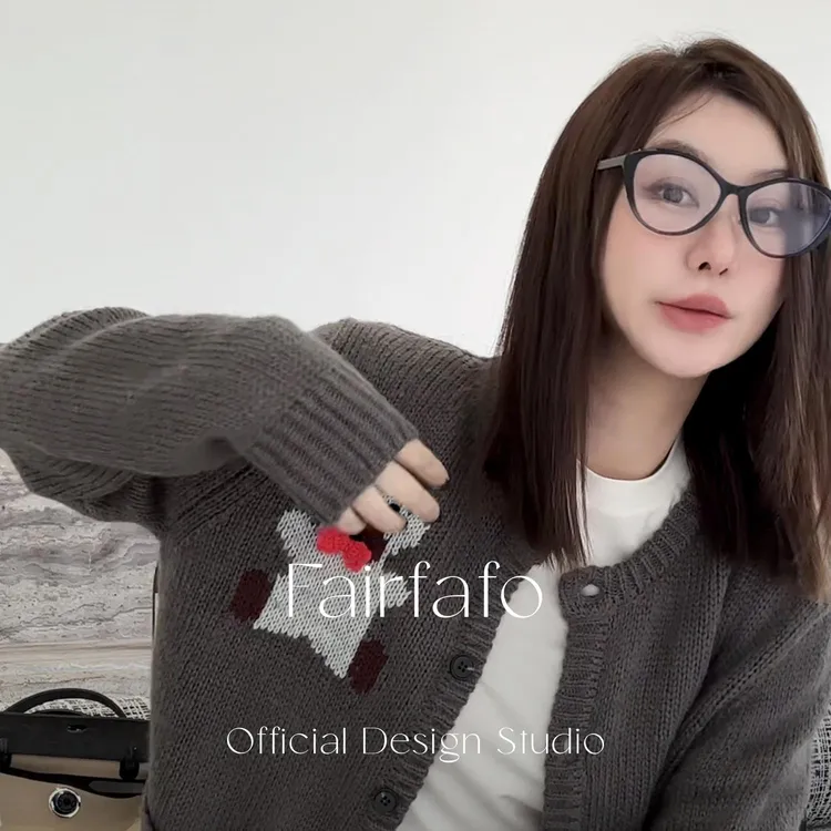 【蝴蝶结小熊开衫毛衣】NYMY59183宽松舒适温柔风百搭韩版毛衣