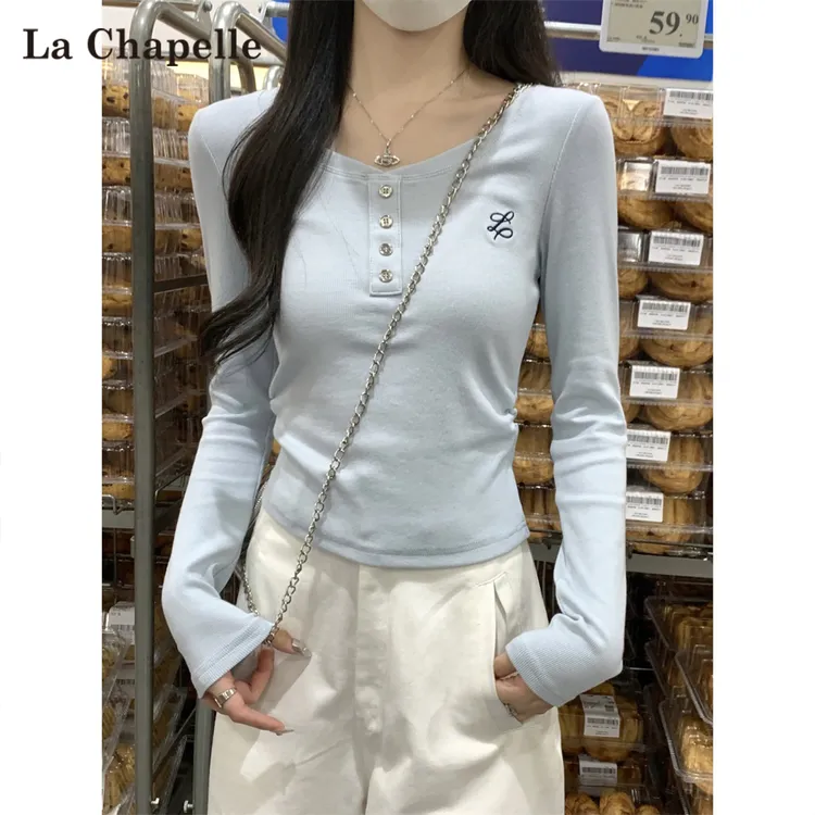 拉夏贝尔蓝色卡腰褶皱长袖T恤女秋季2025年新款修身内搭圆领上衣
