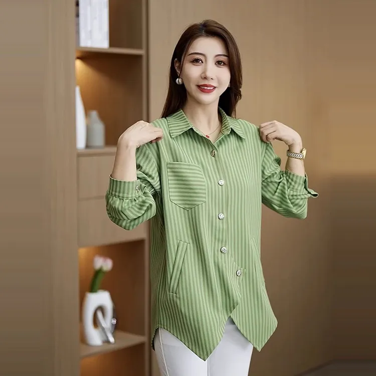 2025春秋新款宽松上衣秋季遮肉显瘦大码衬衣中长款长袖衬衫外套女