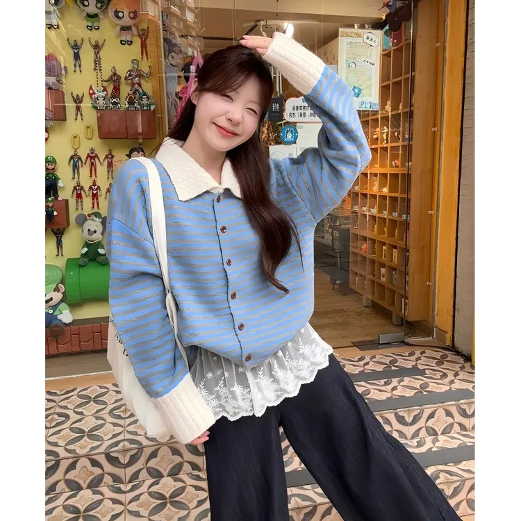 大码胖mm2025秋季新款韩版宽松慵懒松弛感条纹翻领毛衣开衫外套女