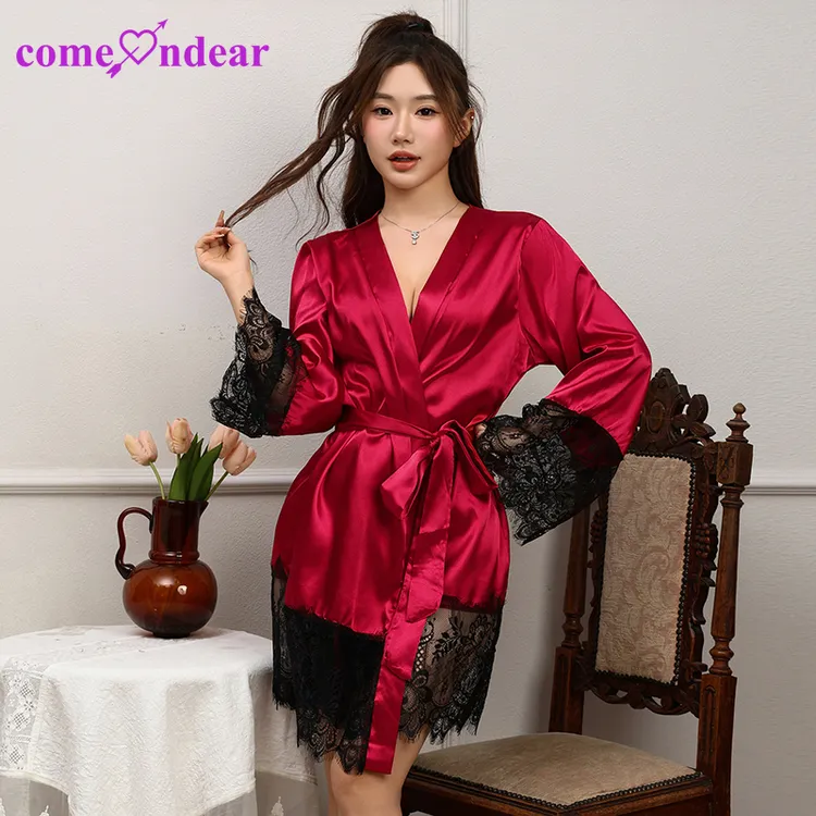 康梦帝大码睡袍女仿真丝性感晨袍红色长袖蕾丝高级感开襟浴袍新款