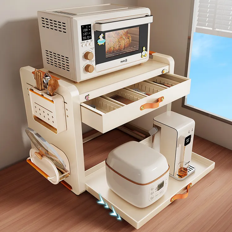 厨房微波炉置物架台面多功能抽屉抽拉式电饭煲锅一体烤箱收纳支架