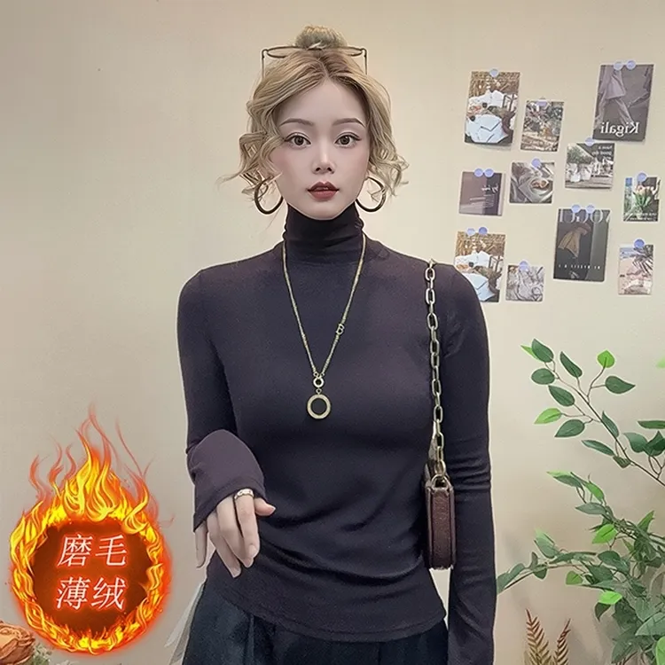【磨毛绒堆堆领】2025秋冬纯色百搭修身显瘦女士T恤上衣打底保暖衣