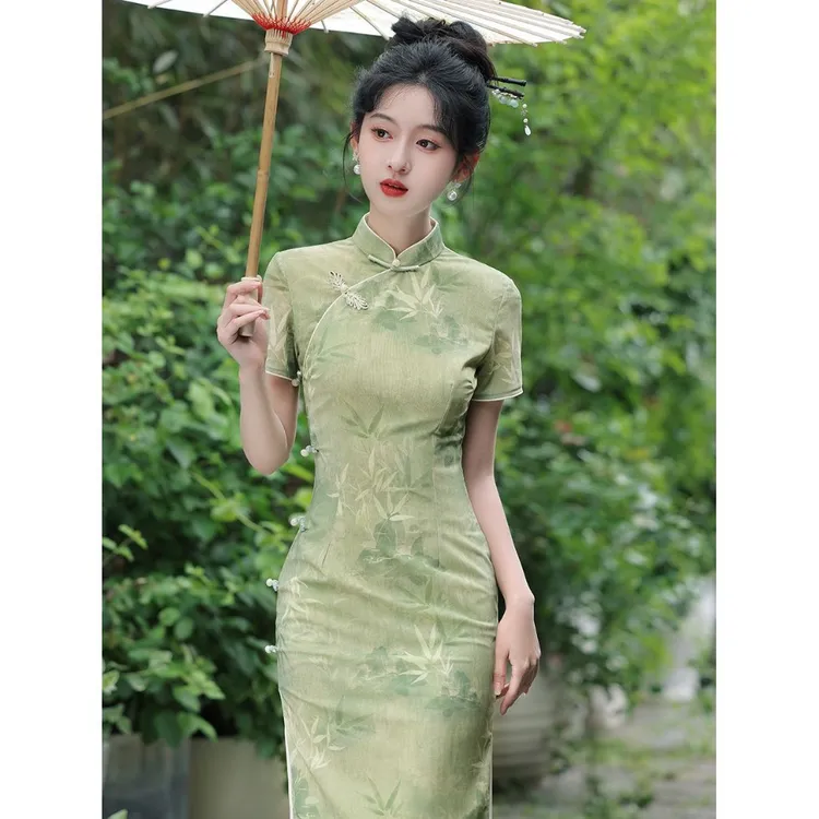 黄色绿色送考旗袍女2025夏季年轻款高端长款日常改良高考中考一路