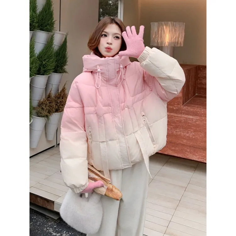 设计感渐变色加厚保暖连帽宽松大码小个子棉服外套女面包服棉袄潮