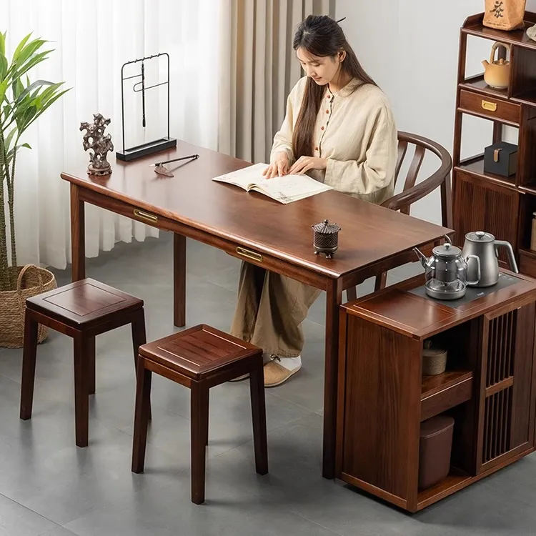 新中式实木茶桌阳台泡茶茶台乌金木茶桌书桌一体两用茶柜电器套装