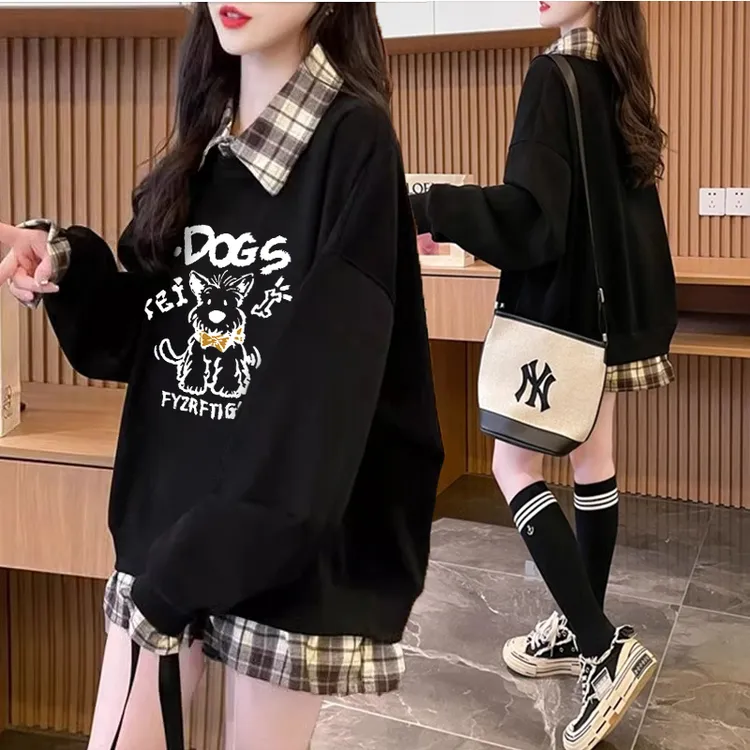 格子拼接假两件加绒卫衣女秋冬新款韩版宽松百搭设计感洋气上衣潮