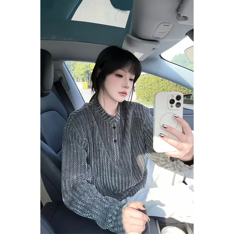 鱼骨纹亨利领卫衣男女同款小香风条纹polo衫长袖t恤重磅打底衫秋