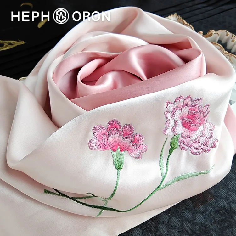 HEPHSORON苏绣丝巾礼盒送妈妈粉色刺绣百搭高级感桑蚕丝真丝围巾