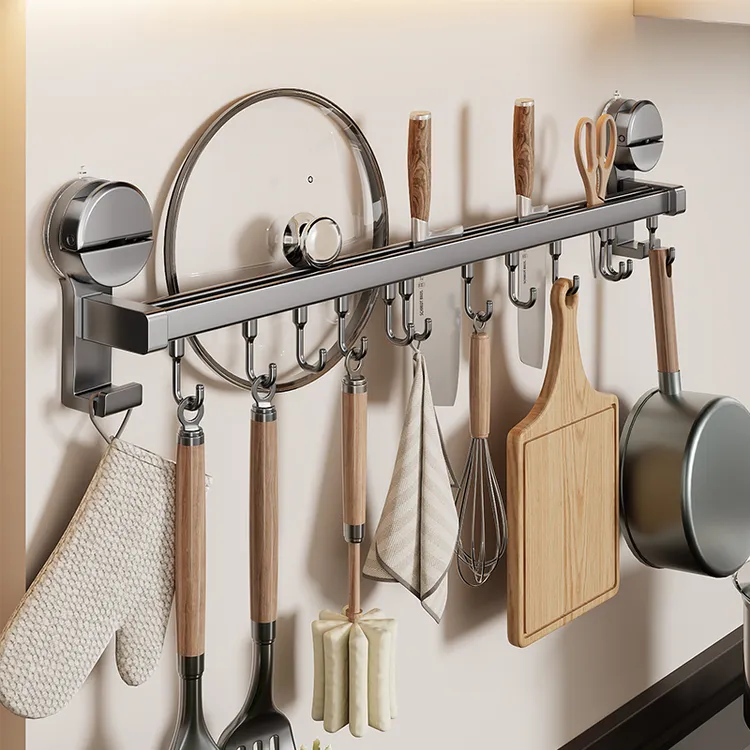 吸盘厨房挂钩免打孔置物架挂杆锅铲勺子刀具一体挂架壁挂式收纳架