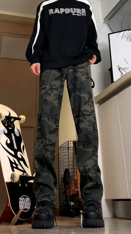 美式复古水洗迷彩牛仔裤男秋季百搭显高显瘦直筒窄版工装伐木长裤