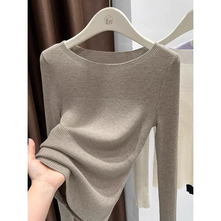 芯娇晴露锁骨一字肩长袖T恤女早秋可外穿紧身上衣内搭针织打底衫