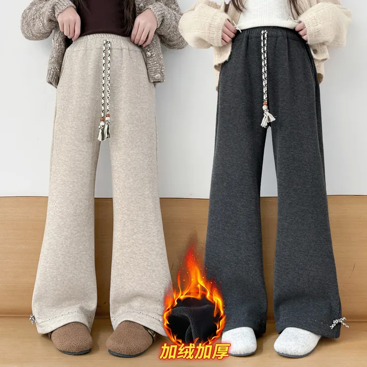 女童加绒裤子2025新款儿童秋冬加厚糯米裤大童冬季一体绒微喇叭裤