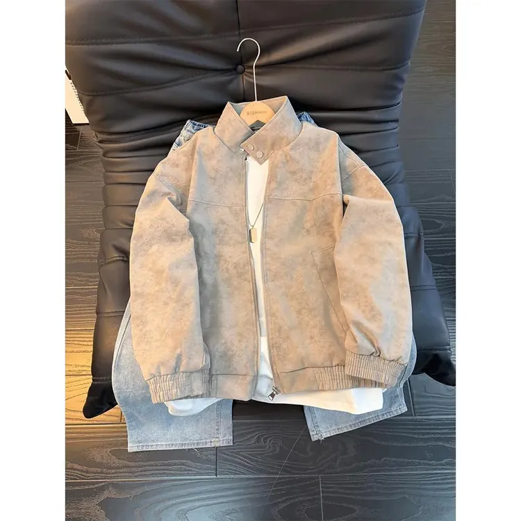 美式复古水洗一体绒皮夹克男款冬季加绒加厚立领设计感纽扣外套潮