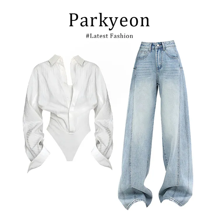 parkyeon修身假两件连体衬衫女2025秋季显瘦气质休闲牛仔裤两件套