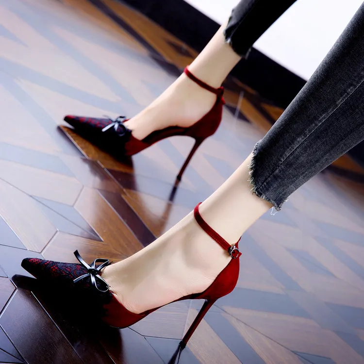 9CM[已开价]蕾丝尖头超高跟鞋女2025春夏季蝴蝶结细跟单鞋B3376-6