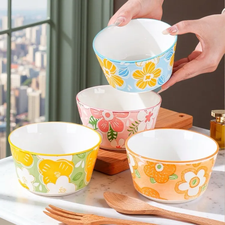 【4只装】4.8英寸米饭碗陶瓷碗家用高颜值釉下彩饭碗花漾碗吃饭碗