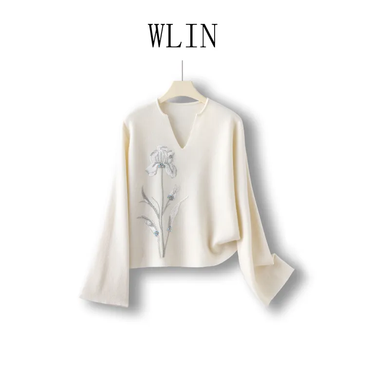 WLIN 百分百山羊绒新中式喇叭袖刺绣女士针织衫WL61093
